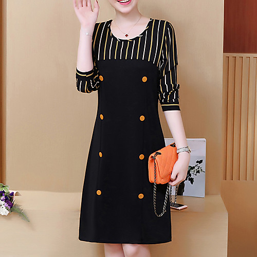 

Women's Sheath Dress Knee Length Dress Black Long Sleeve Black Striped Fall Winter Round Neck L XL XXL 3XL 4XL 5XL / Plus Size