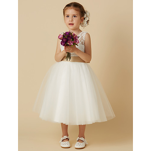 

Princess Knee Length Wedding / First Communion Flower Girl Dresses - Lace / Tulle Sleeveless Jewel Neck with Sash / Ribbon / Bow(s)