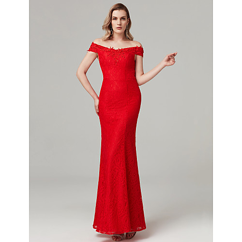

Sheath / Column Minimalist Elegant Formal Evening Dress Off Shoulder Sleeveless Floor Length All Over Floral Lace with Beading 2021