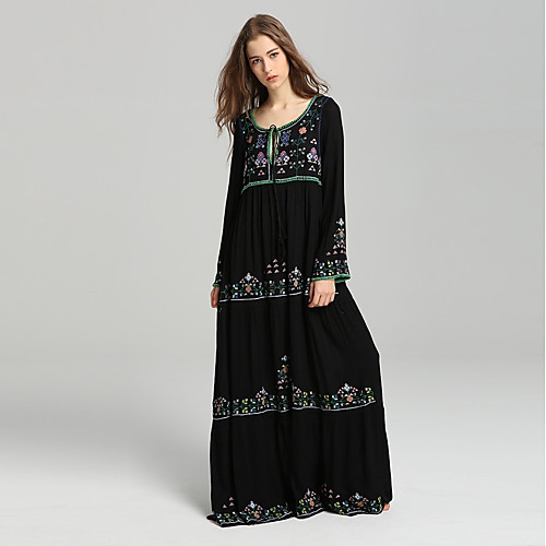 

Women's Shift Dress Maxi long Dress Black Long Sleeve Floral Spring Summer V Neck Basic Boho Holiday S M L XL