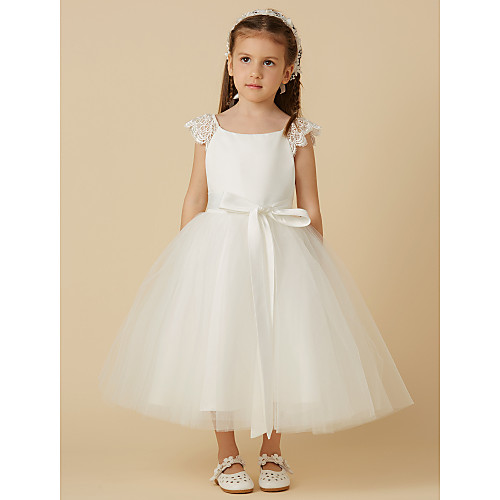 

Princess Tea Length Wedding / First Communion Flower Girl Dresses - Lace / Satin / Tulle Short Sleeve Scoop Neck with Sash / Ribbon / Bow(s)