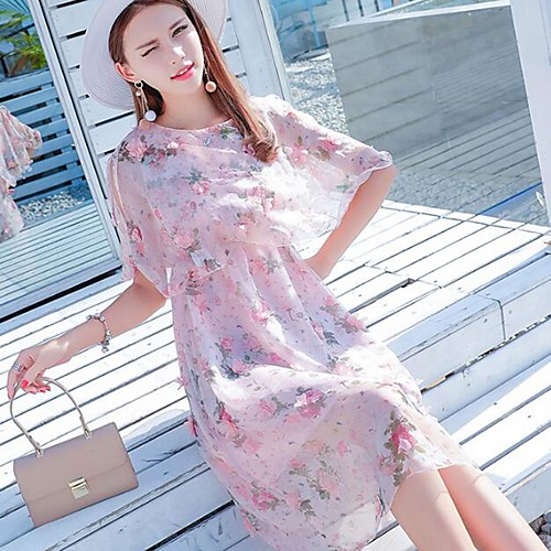

Women's Shift Dress Knee Length Dress Blushing Pink Short Sleeve Floral Layered Summer Round Neck Boho S M L XL XXL 3XL 4XL / Plus Size