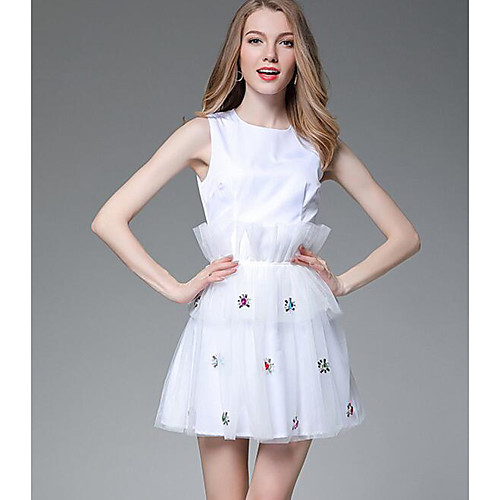 

Women's A Line Dress Short Mini Dress White Sleeveless Solid Colored Lace Spring Round Neck S M L