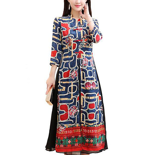 

Women's Shift Dress Midi Dress Blue Long Sleeve Color Block Spring Crew Neck Streetwear Boho Cotton M L XL XXL 3XL 4XL / Plus Size