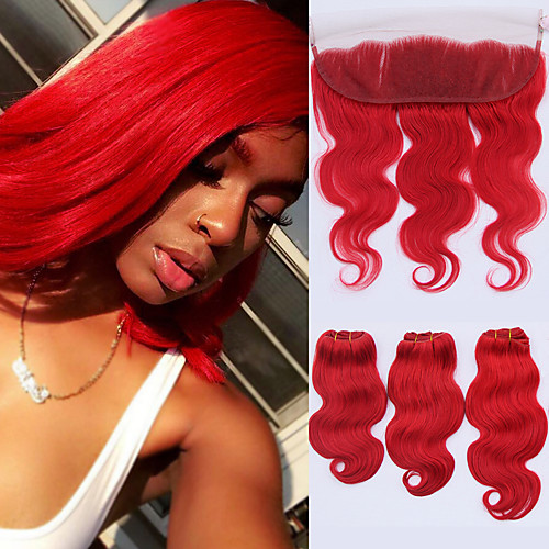 

4 Bundles Brazilian Hair Wavy Virgin Human Hair 330 g One Pack Solution Human Hair Extensions Hair Weft with Closure Red Human Hair Weaves Soft Hot Sale Natural Hairline Human Hair Extensions / Short