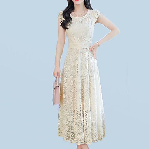 

Women's Sheath Dress Maxi long Dress Black Blue Purple Yellow Beige Short Sleeve Floral Solid Colored Lace Summer Round Neck Streetwear Sophisticated Lace M L XL XXL 3XL / Plus Size