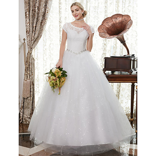 

A-Line Wedding Dresses Scoop Neck Floor Length Satin Lace Over Tulle Cap Sleeve Romantic Illusion Detail with Crystals Appliques 2021