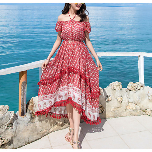 

Women's Swing Dress Midi Dress Red Navy Blue Short Sleeve Polka Dot Summer Boat Neck Cotton S M L