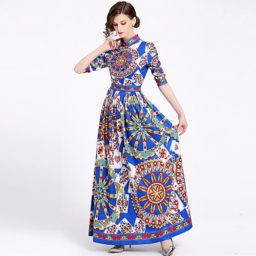 

Women's Swing Dress Maxi long Dress Blue 3/4 Length Sleeve Geometric Print Spring Summer Shirt Collar Streetwear Boho Going out Beach Floral M L XL XXL / High Waist