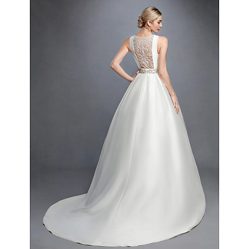 

Ball Gown Wedding Dresses Bateau Neck Court Train Lace Satin Regular Straps Formal Backless with Lace Sash / Ribbon Beading 2021