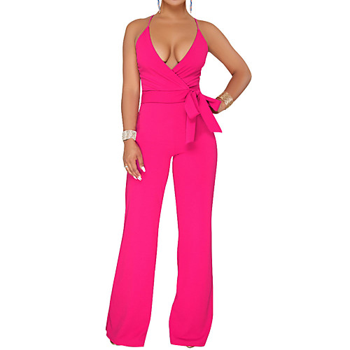 

Women's Wide Leg Daily / Going out Basic / Street chic Deep V Black Wine Fuchsia Wide Leg Slim Jumpsuit Onesie, Solid Colored Lace up S M L High Waist Sleeveless Summer