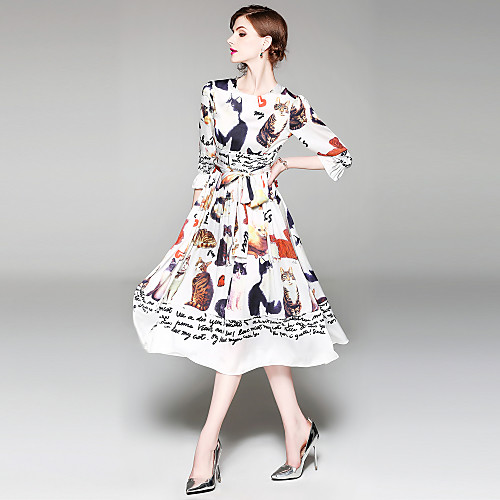 

Women's A Line Dress Midi Dress White 3/4 Length Sleeve Paisley Print Spring Round Neck Vintage Streetwear Going out S M L XL XXL / High Waist