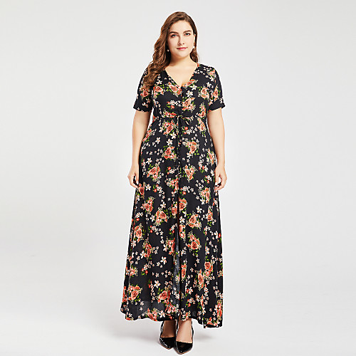 

Women's Swing Dress Maxi long Dress Black Short Sleeve Floral Summer V Neck Boho Floral 3XL 4XL 5XL 6XL / Plus Size / High Waist / Plus Size