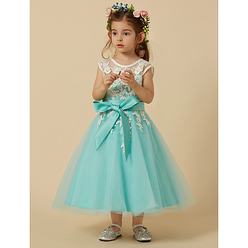 

A-Line Knee Length Pageant Flower Girl Dresses - Lace / Tulle Sleeveless Jewel Neck with Sash / Ribbon / Bow(s) / Appliques