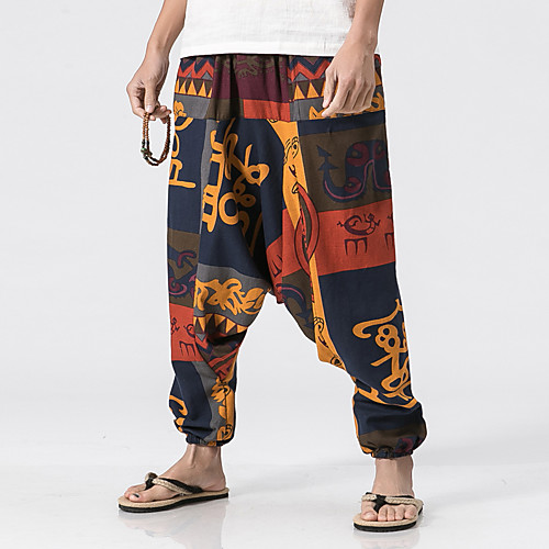 

Men's Linen Loose Daily Wide Leg Sweatpants Pants Geometric Full Length Rainbow