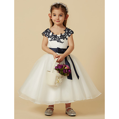 

A-Line Knee Length Pageant Flower Girl Dresses - Lace / Tulle Short Sleeve Scoop Neck with Sash / Ribbon / Bow(s) / Buttons