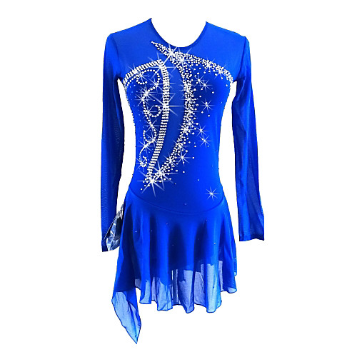 

Figure Skating Dress Girls' Ice Skating Dress Royal Blue Asymmetric Hem Spandex Stretchy Professional Competition Skating Wear Sequin Long Sleeve Figure Skating