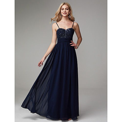 

A-Line Minimalist Elegant Prom Formal Evening Dress Spaghetti Strap Sleeveless Floor Length Chiffon with Pleats Beading 2021