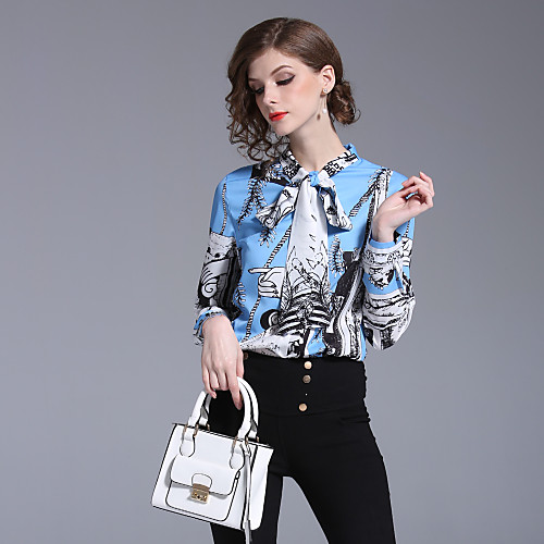 

Women's Floral Shirt Bow Print Long Sleeve Daily Slim Tops Streetwear Stand Collar Blue / Work