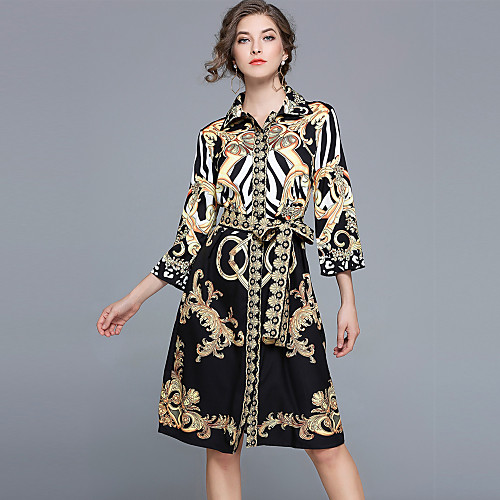 

Women's Shift Dress Knee Length Dress Black Long Sleeve Paisley Print Spring Shirt Collar Vintage Streetwear Party Going out Floral M L XL XXL