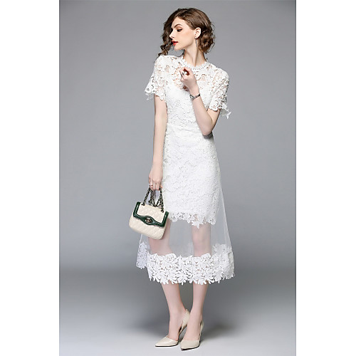 

Women's Bodycon Midi Dress White Short Sleeve Floral Solid Colored Layered Mesh Patchwork Spring Summer Round Neck Stand Collar Streetwear Sophisticated S M L XL XXL