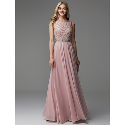 

A-Line Open Back Beaded & Sequin Prom Formal Evening Dress Boat Neck Sleeveless Floor Length Chiffon with Beading 2021