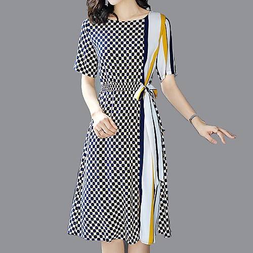 

Women's Sheath Dress Midi Dress White Short Sleeve Plaid Check Lace up Print Summer Round Neck Streetwear Sophisticated Plaid M L XL XXL 3XL