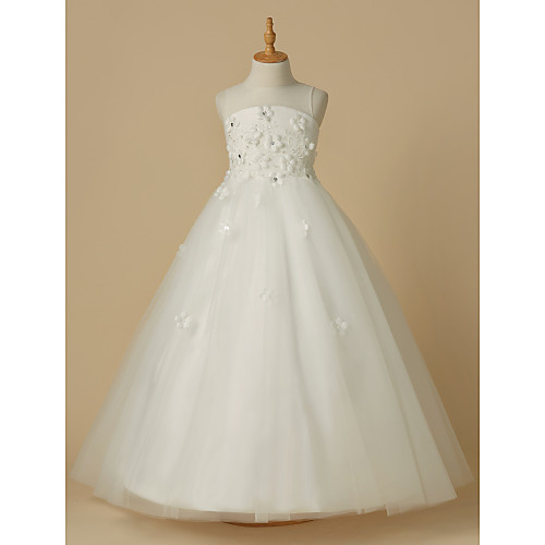 

A-Line Floor Length Wedding / First Communion Flower Girl Dresses - Satin / Tulle Sleeveless Jewel Neck with Beading / Flower