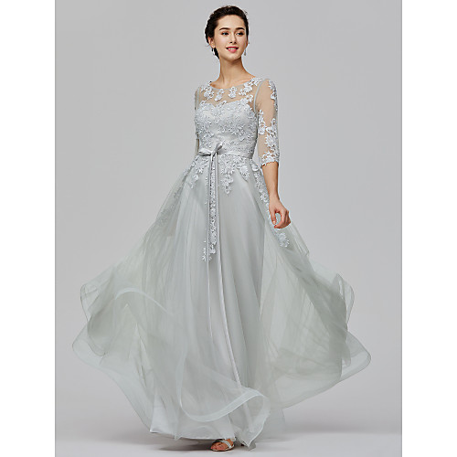 

A-Line Empire Wedding Guest Prom Dress Illusion Neck Half Sleeve Floor Length Tulle Sheer Lace with Bow(s) Appliques 2021