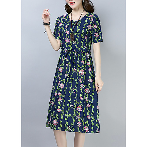 

Women's Sheath Dress Midi Dress White Blue Short Sleeve Floral Summer Round Neck Cotton M L XL XXL