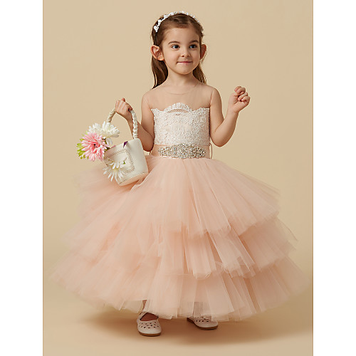 

Ball Gown Knee Length Pageant Flower Girl Dresses - Lace / Tulle Sleeveless Jewel Neck with Sash / Ribbon / Buttons / Beading