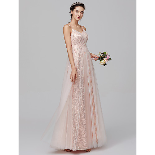 

A-Line Spaghetti Strap Floor Length Tulle / Sequined Bridesmaid Dress with Pleats / Sequin