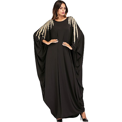 

Women's Shift Dress Maxi long Dress Black Long Sleeve Solid Colored Beaded Summer Round Neck Batwing Sleeve One-Size