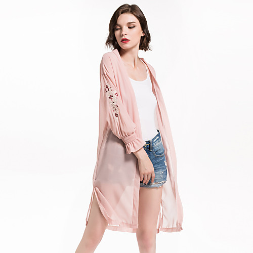 

Women's Floral / Botanical Embroidered Active Summer Trench Coat Long Going out Long Sleeve Faux Leather Coat Tops White