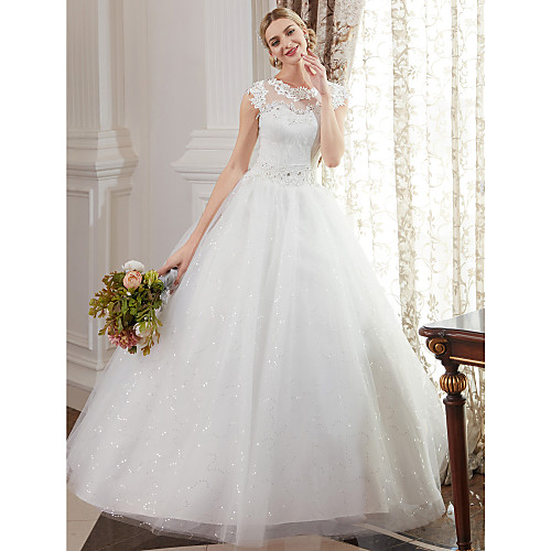 

Ball Gown Wedding Dresses Jewel Neck Floor Length Lace Over Tulle Cap Sleeve Romantic Illusion Detail with Beading Appliques 2021