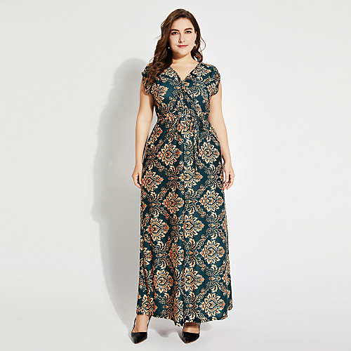 

Women's Jalabiya Maxi long Dress Green Sleeveless Floral Summer V Neck Basic Boho Holiday Cotton Floral XL XXL 3XL 4XL 5XL 6XL