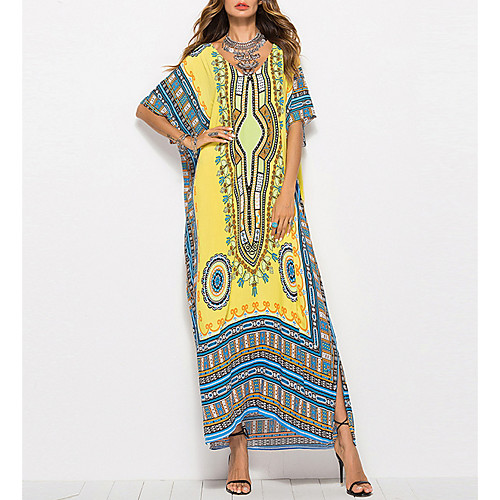 

Women's Maxi Jalabiya Dress - Short Sleeve Print Ethnic Beach Loose Boho / Beach Black Yellow Orange One-Size