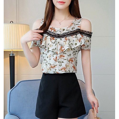 

Women's Blouse Floral Short Sleeve Daily Tops Light Green