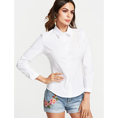 

Women's Shirt Embroidered Print Long Sleeve Casual / Daily Tops Cotton Streetwear White Blushing Pink