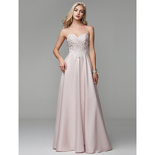 

A-Line Empire Prom Formal Evening Dress Spaghetti Strap Sleeveless Floor Length Satin with Crystals Pattern / Print 2021