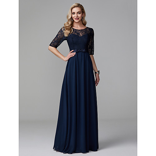 

A-Line Minimalist Elegant See Through Formal Evening Wedding Party Dress Illusion Neck Half Sleeve Floor Length Chiffon Lace with Sash / Ribbon Bow(s) 2021