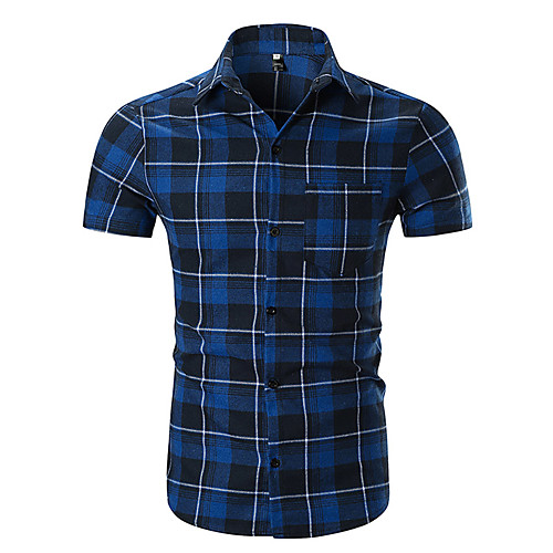 

Men's Shirt Check Short Sleeve Daily Tops Cotton Basic White Blue Red