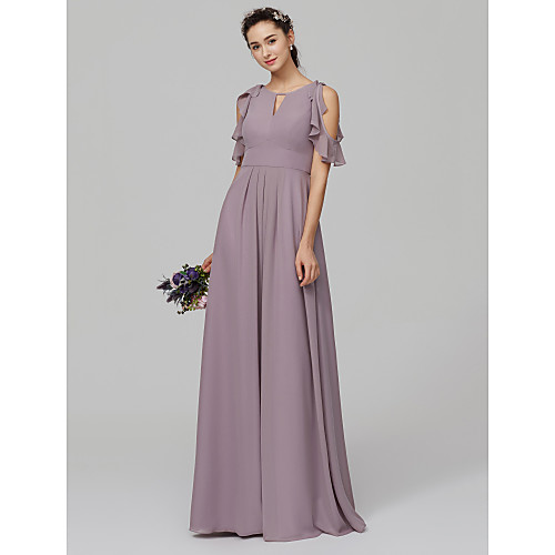 

A-Line Jewel Neck Floor Length Chiffon Bridesmaid Dress with Ruffles