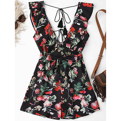 

Women's Daily V Neck Floral Black Romper Floral Color Block