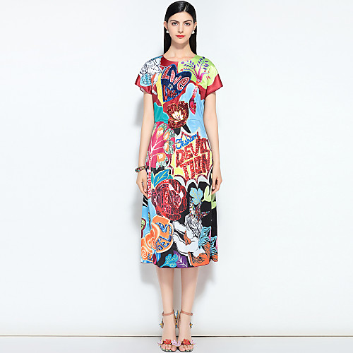 

Women's A Line Dress Midi Dress Rainbow Short Sleeve Floral Print Summer Round Neck Vintage Streetwear Holiday Going out S M L XL