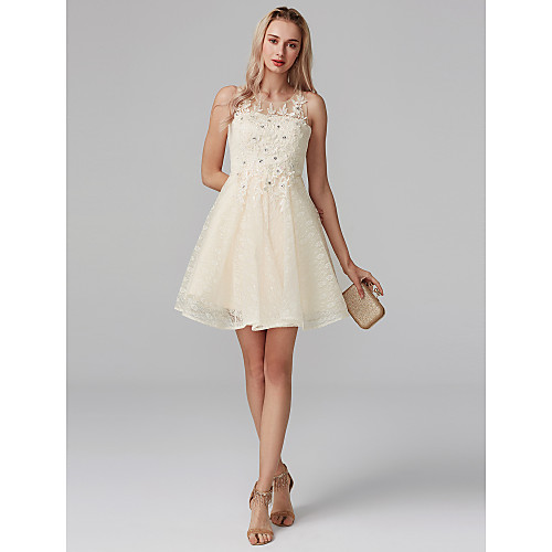 

A-Line Hot Homecoming Cocktail Party Dress Illusion Neck Sleeveless Short / Mini Satin Tulle Sheer Lace with Crystals Appliques 2021