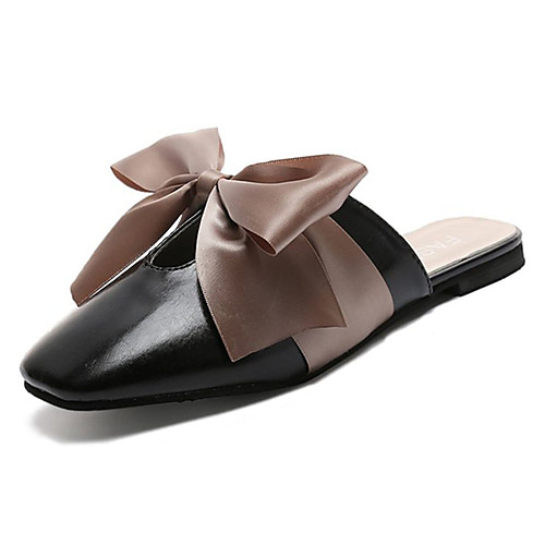 

Women's PU(Polyurethane) Summer Comfort Clogs & Mules Flat Heel Round Toe Bowknot Black / Beige / Brown / Color Block