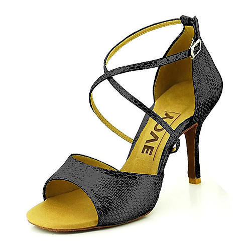 

Women's Latin Shoes Salsa Shoes Sandal Heel Buckle Ribbon Tie Customized Heel Golden Black Red Buckle