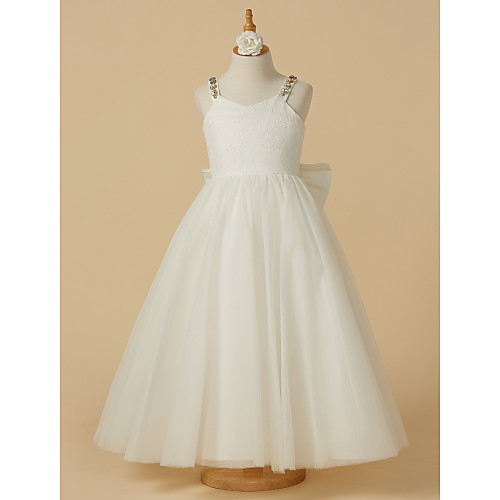 

A-Line Ankle Length Wedding / First Communion Flower Girl Dresses - Lace / Tulle Sleeveless Straps with Bow(s) / Beading