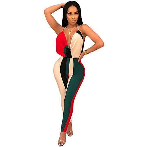 

Women's Basic Party Daily Halter Neck Strap Purple Red Yellow Slim Romper Striped Color Block / Pencil